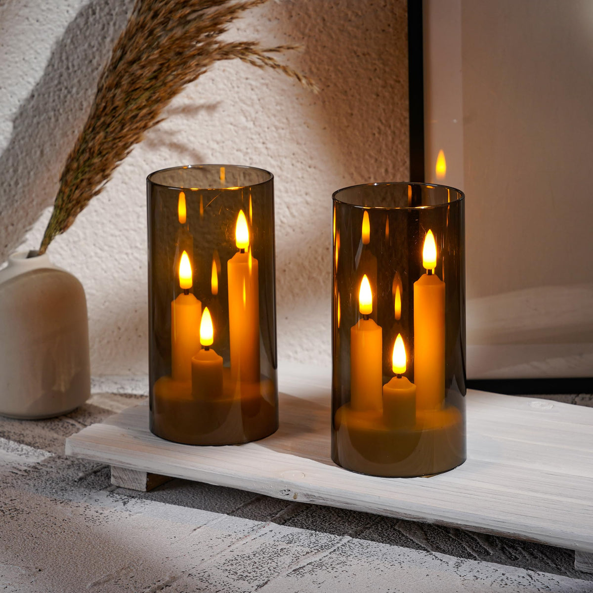 2 Pack 3D Wick Flameless Taper Candles, Gray Transparent Acrylic Cover LED Flickering Candle Lights, Remote Control Battery Operated Electric Candles for Home Wedding Christmas Party Table Decor.