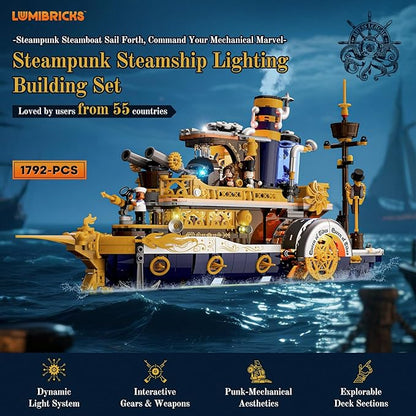 Steampunk Steamship Lighting Building Bricks Set - Steamboat Model Pirate Ship Destroyer Playset Collection Display kit with Minifigures 1792 Pcs for Adults &amp Teens &amp Steampunk Lovers