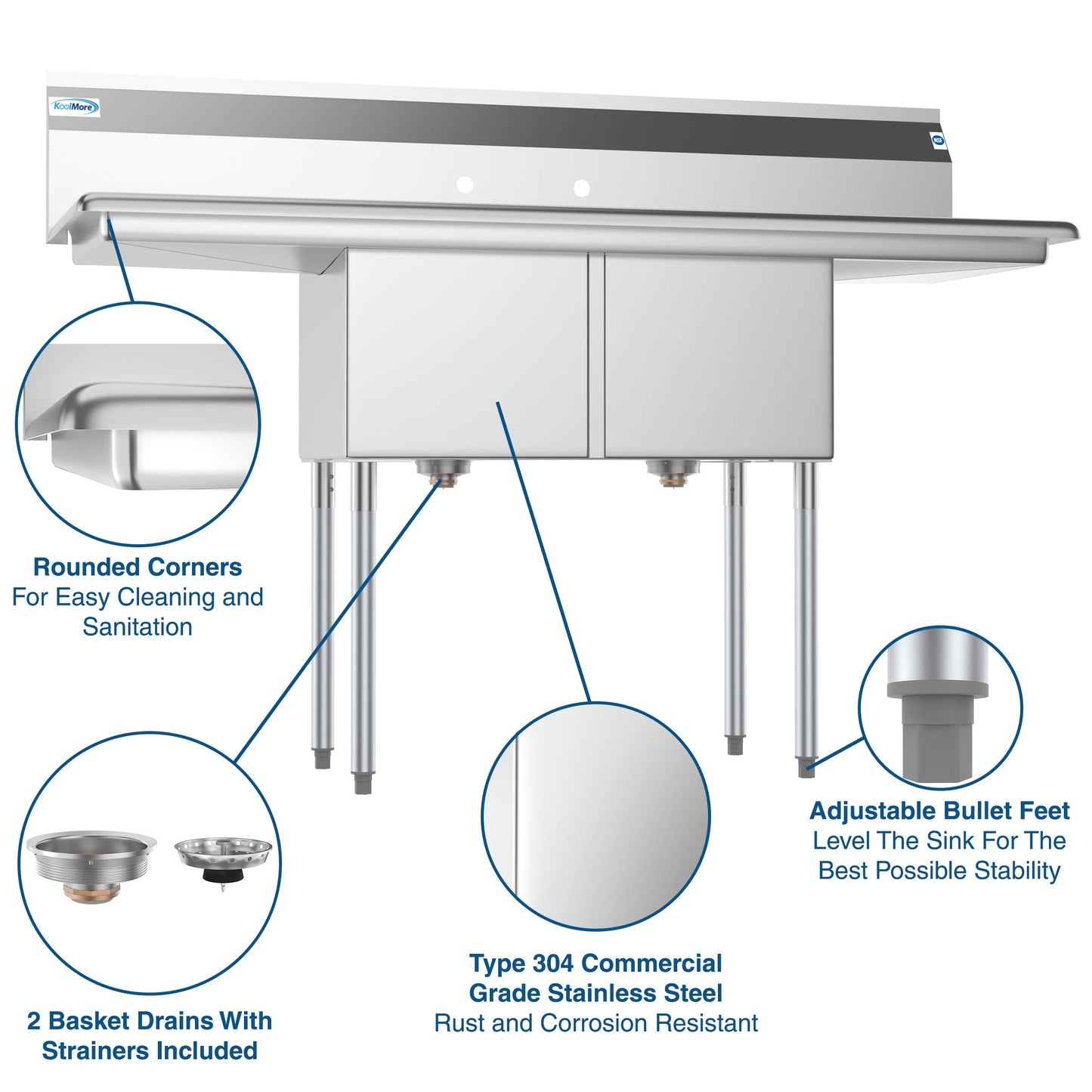 KoolMore 2 Compartment Stainless Steel NSF Commercial Kitchen Prep & Utility Sink with 2 Drainboards - Bowl Size 15" x 15" x 12", Silver,SB151512-15B3