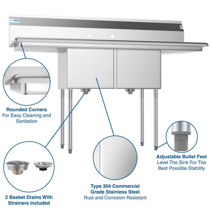KoolMore 2 Compartment Stainless Steel NSF Commercial Kitchen Prep & Utility Sink with 2 Drainboards - Bowl Size 15" x 15" x 12", Silver,SB151512-15B3