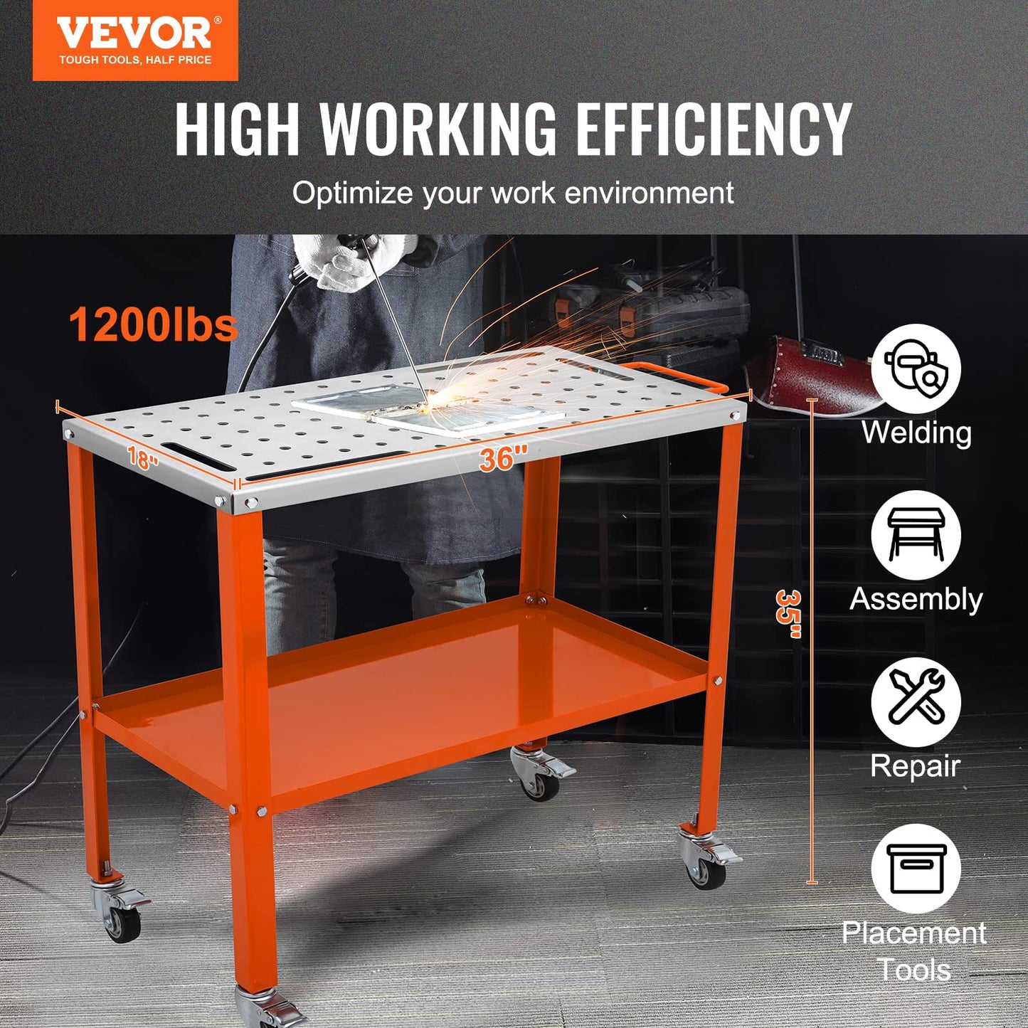 VEVOR Welding Table 36"x18", 1200lbs Load Capacity Steel Welding Workbench Table on Wheels, Portable Work Bench with Braking Lockable Casters, 4 Tool Slots, 5/8-inch Fixture Holes, Tool Tray