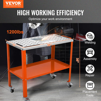 VEVOR Welding Table 36"x18", 1200lbs Load Capacity Steel Welding Workbench Table on Wheels, Portable Work Bench with Braking Lockable Casters, 4 Tool Slots, 5/8-inch Fixture Holes, Tool Tray