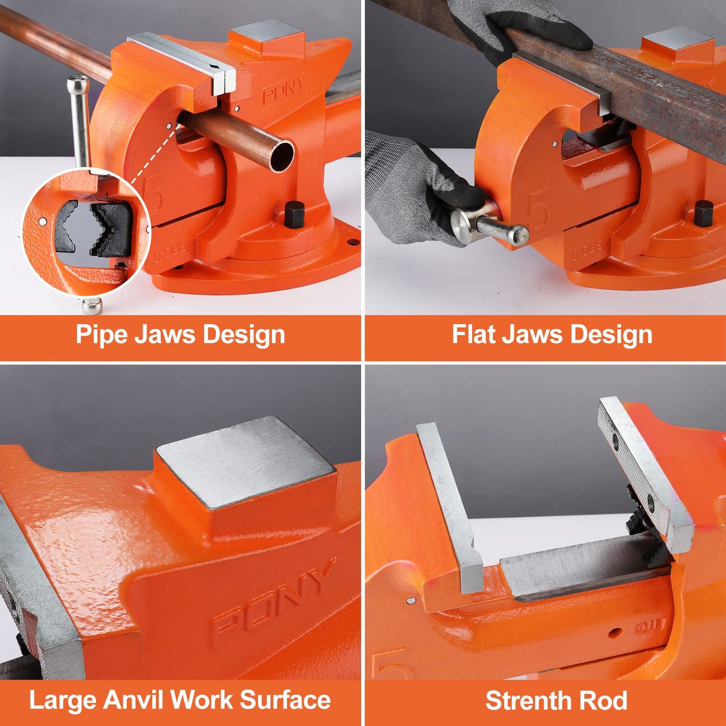 PONY Heavy Duty Bench Vise, 5-inch Jaw Width 7-inch Jaw Opening, 360-Degree Swivel Base with Anvil, Utility Combination Pipe Home Vise for Woodworking, One-Pair Vise Jaw Pad Included