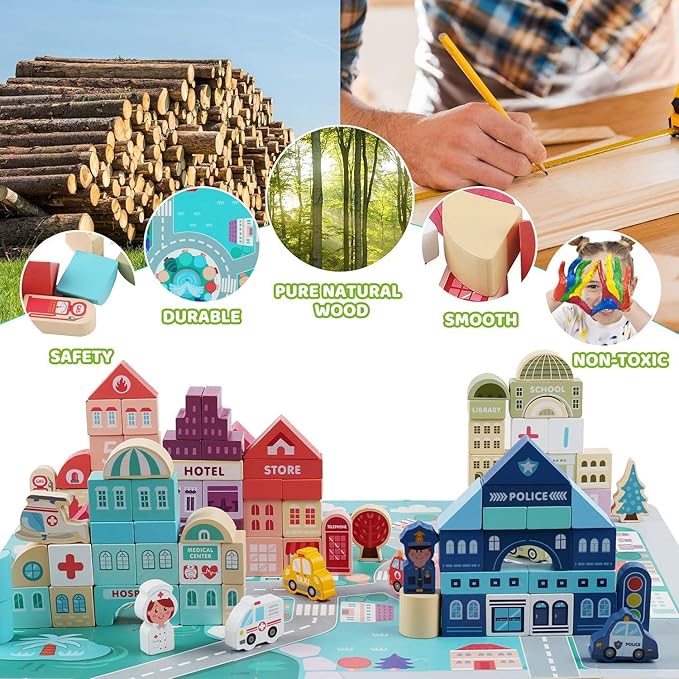 181pcs 'Streetscape' Wooden Building Block Set for Toddlers Jigsaw Puzzle City Map 11 Buildings (3 Extra Bonus: Circus Zoo &amp Construction Site) Preschool Learning Educational Toys