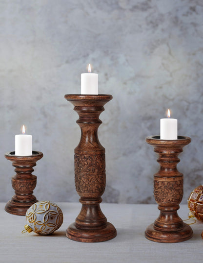 Hand Carved Wooden Pillar Candle Holders - Set of 3 |Carving Decorative Style | Crafted from Mango Wood | Rustic Table Centerpiece Decor | Sized 6", 9" and 12" - Dark Burnt