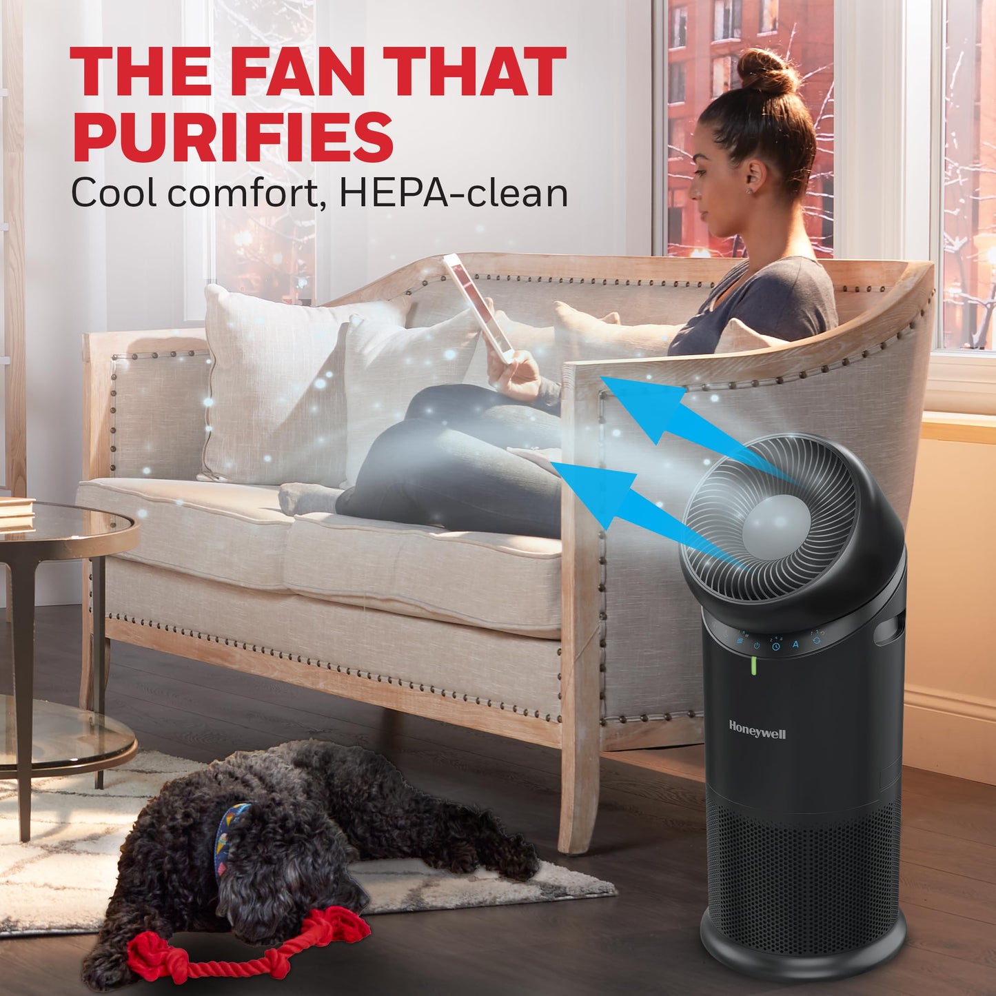 Honeywell Allergen Plus™ 3-in-1 HEPA Air Purifier for Home, Fan & Adjustable Airflow for Large Rooms up to 1928 Ft², Air Quality Sensor, Reduces Allergens, Pet Dander & Odors, Black, HPA6000B