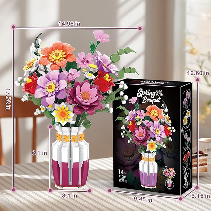 2 in 1 Vase Flowers Bouquet Building Set 16 Flowers Bouquet Sets for Adults &amp Women Compatible with Lego Flowers Bouquet Valentine's Day Gift for Her Girlfriend Wife 1278 PCS