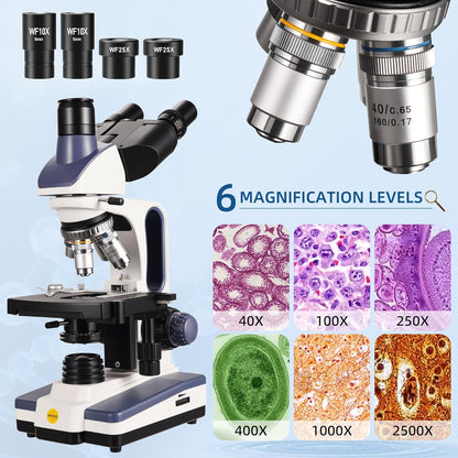 SWIFT Trinocular Compound Microscope SW350T,40X-2500X Magnification,Siedentopf Head,Research-Grade,Two-Layer Mechanical Stage,1.3mp Camera and Software Windows and Mac Compatible