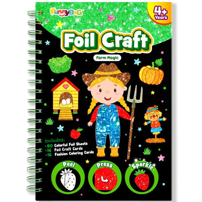 FUNNYB&G Foil Art Craft Kit for Girls 4-10 Years Old: Mess-Free & No-Glue, Create 16 Sparkly Farm Pictures – Perfect Travel Toy & Birthday Gift for Kids（Farm