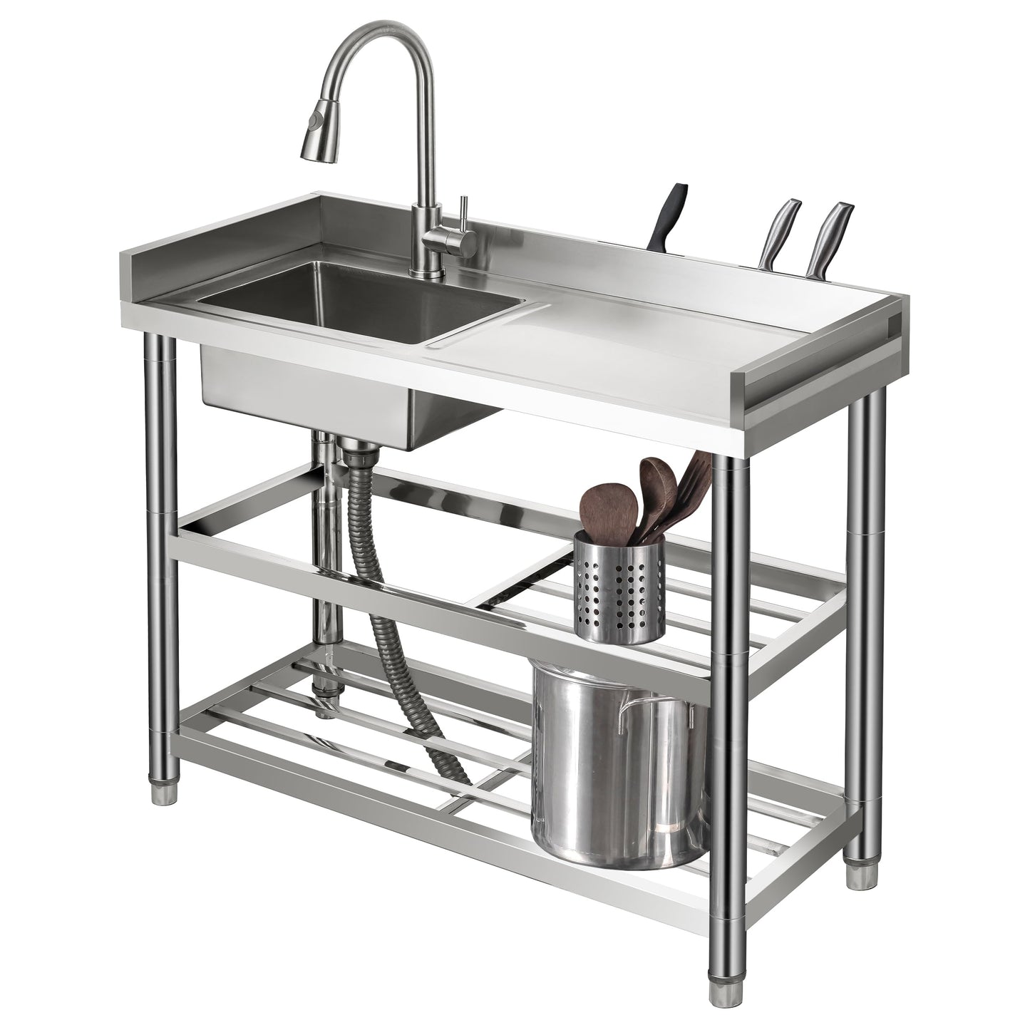 Seveat Freestanding Stainless Steel Utility Sink with Pull-Out Faucet | Laundry Tub with Bottom Shelf | Heavy-Duty for Garage, Basement, Mudroom, Workshop & Outdoor Use (Silver)