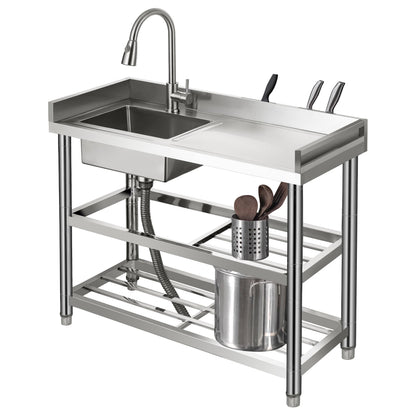 Seveat Freestanding Stainless Steel Utility Sink with Pull-Out Faucet | Laundry Tub with Bottom Shelf | Heavy-Duty for Garage, Basement, Mudroom, Workshop & Outdoor Use (Silver)