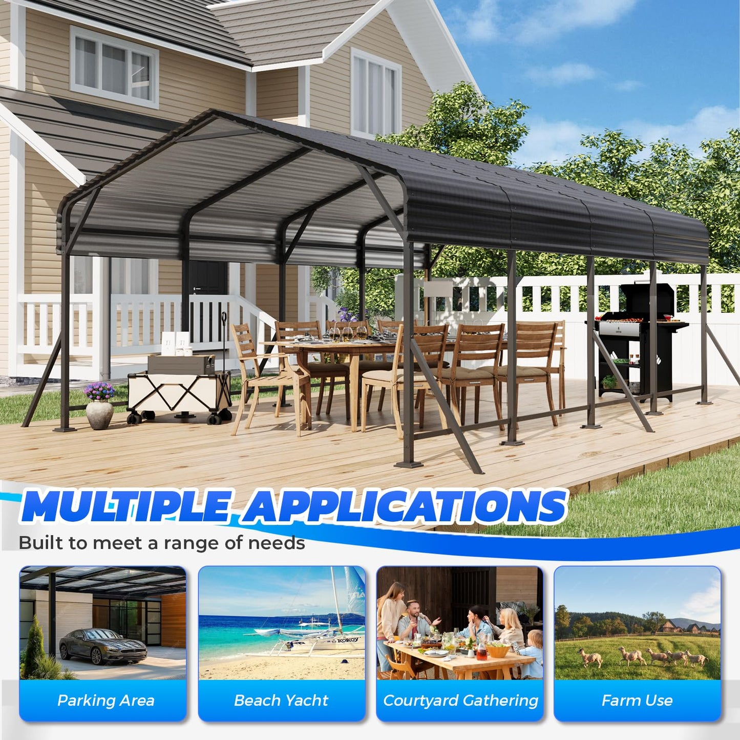 EROMMY 12' x 20' Heavy Duty Metal Carport with Galvanized Steel Roof & Base for All-Weather Protection, Outdoor Carport Garage, Versatile for Car, Boat, Tractor, and Party Use, Dark Gray
