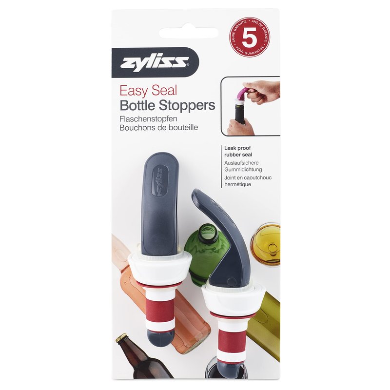 Zyliss Easy Seal Bottle Stoppers – Leak-Proof Wine and Champagne Stoppers with Long Easy-Lock Handle, Comfortable Grip, Airtight Seal, Modern Design in Gray and Red, Durable and Dishwasher Safe