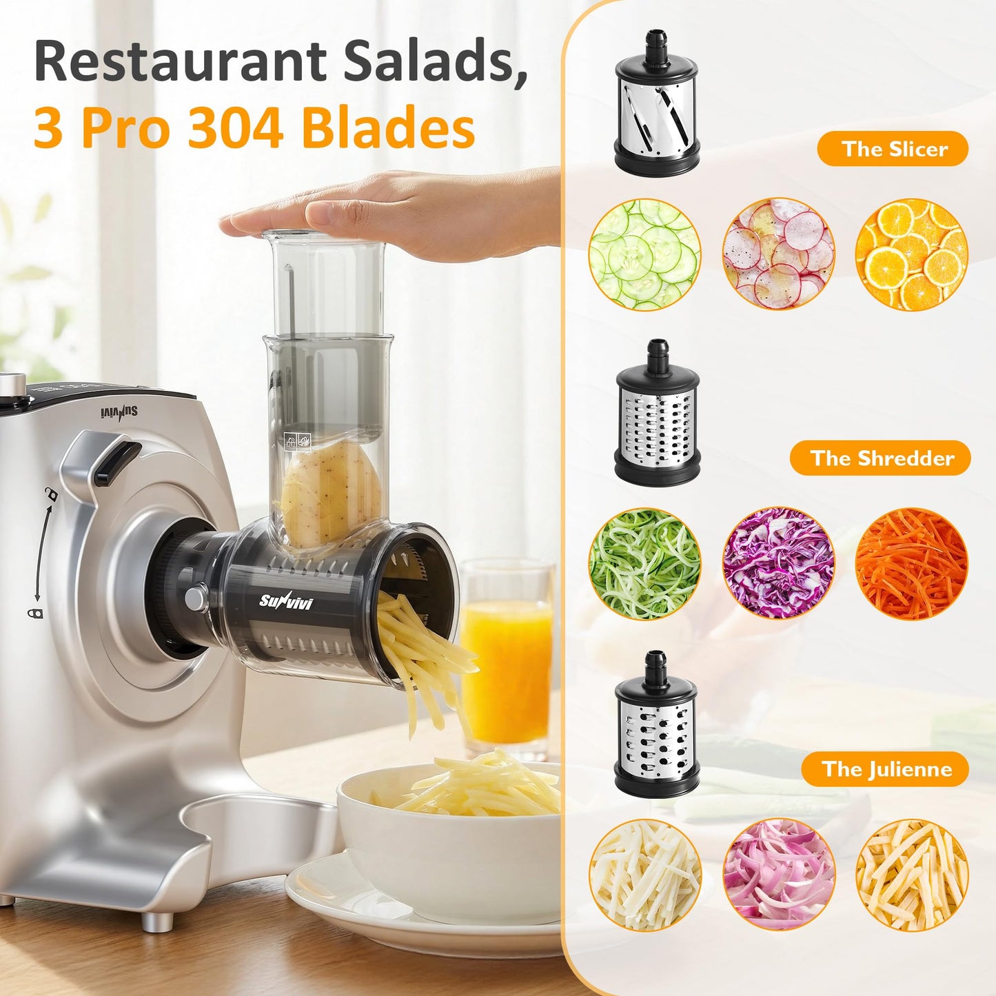 Sunvivi 4-in-1 Multifunction Stand Mixer with Fermentation, 5.3QT Electric Dough Mixer for Chinese & Western Dough, Slow Juicer, Meat Grinder, Salad Maker, LED Display & Knob Control, Stainless Steel