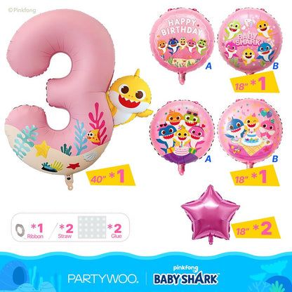 PartyWoo Baby Shark Pink Foil Number 3 Balloon 5pcs 40 18 Inch Pink Round Star Mylar Helium Birthday Balloons for Boys and Girls Baby Shark Under the Sea Ocean Kids Third Birthday Party Decorations