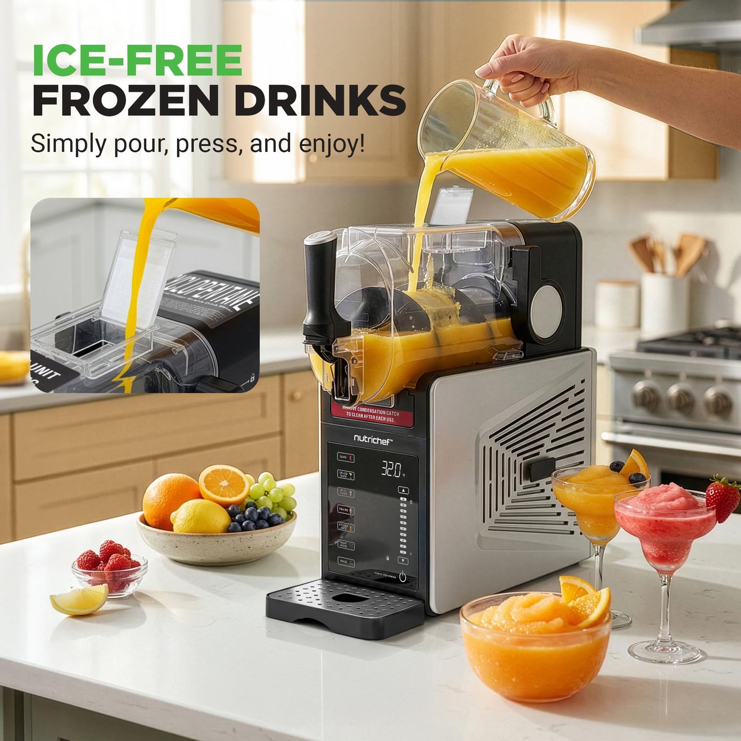 NutriChef Slushie Machine for Home | No Ice Needed Slushys 7-in-1 Preset Programs: Self Clean, Milkshakes, Spiked Slush & More | 64 oz, Quiet Operation, One-Touch Start & Includes Recipes | Black