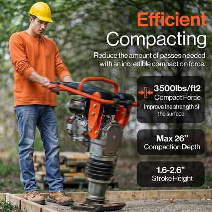 SuperHandy Jumping Jack Tamping Rammer, 209cc 7HP 4-Stroke Gas Engine, 3500 lbs Impact Force, 137lbs Weight, 26" Max Compaction Depth
