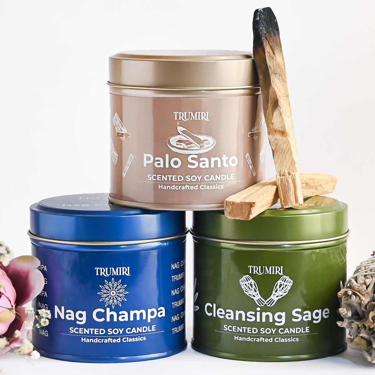 Cleansing Sage, Palo Santo, Nag Champa - Soy Candles Non Toxic - Highly Scented Long Lasting with Essential Oils - Variety Pack of 3 x 5oz - for Home Aromatherapy Meditation Gift Travel