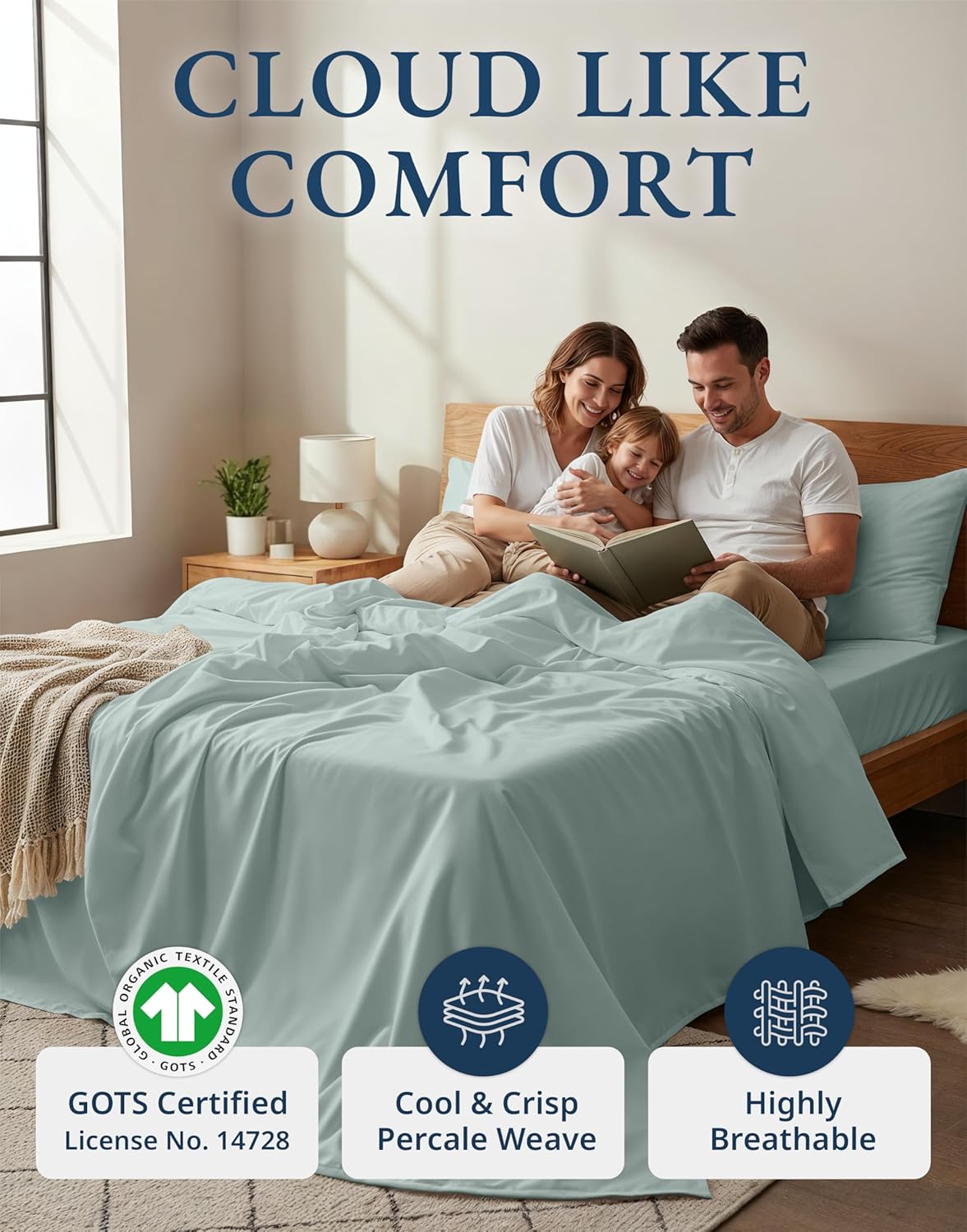 LANE LINEN 100% Organic Cotton Full Sheet Set - 4-Piece Soft Percale Bedding in French Blue, Fits Mattresses Up to 15" Deep