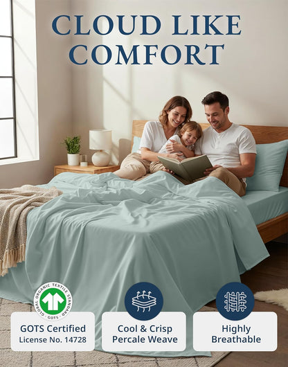 LANE LINEN 100% Organic Cotton Full Sheet Set - 4-Piece Soft Percale Bedding in French Blue, Fits Mattresses Up to 15" Deep