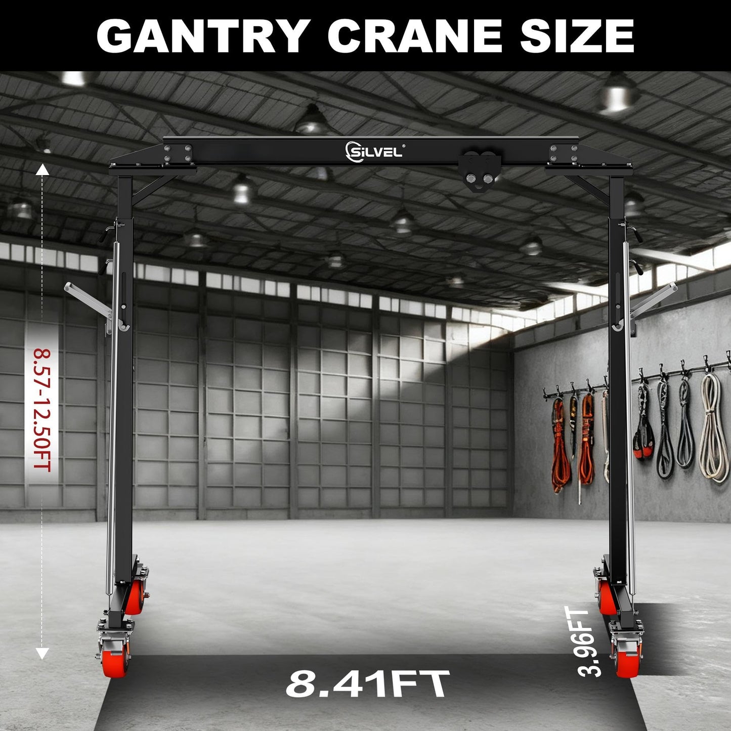SILVEL Gantry Crane 1 Ton MAX3000LBS, Adjustable Height 8.53 to 12.47ft with Triangle Base, Portable I-Beam Hoist for Factory, Warehouse, Auto Repair & Construction, Black