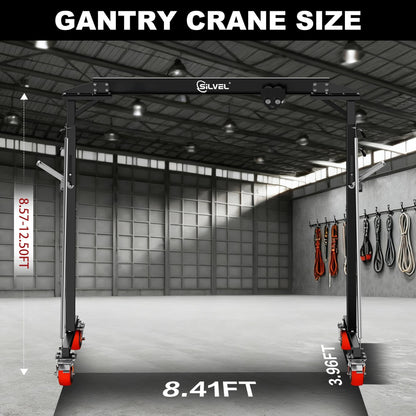 SILVEL Gantry Crane 1 Ton MAX3000LBS, Adjustable Height 8.53 to 12.47ft with Triangle Base, Portable I-Beam Hoist for Factory, Warehouse, Auto Repair & Construction, Black