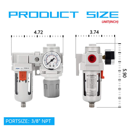 NANPU 3/8" NPT Compressed Air Filter Regulator Combo Piggyback, 5 Micron Element, Poly Bowl, Semi-Auto Drain, Bracket, Gauge (ARF3000)