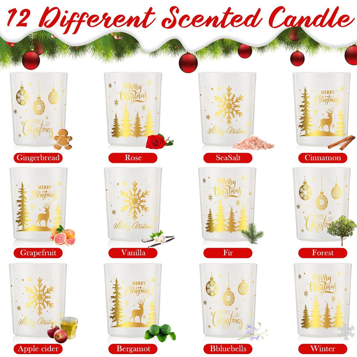 Nuanchu 12 Pcs Christmas Scented Candles Gift Set 12 Fragrances Aromatherapy Long Lasting Christmas Jar Candles Soy Wax Gift for Mom Women Men Xmas Holiday Birthday Supplies (Stylish)