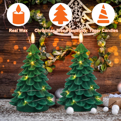 DRomance Christmas Tree Flameless Candles String Lights with 10-Key Remote and Timer, 2 Pack Green Real Wax Battery Operated 3D Wick LED Flickering Candles Dinner Holiday Indoor Decor(3" x 7.1")