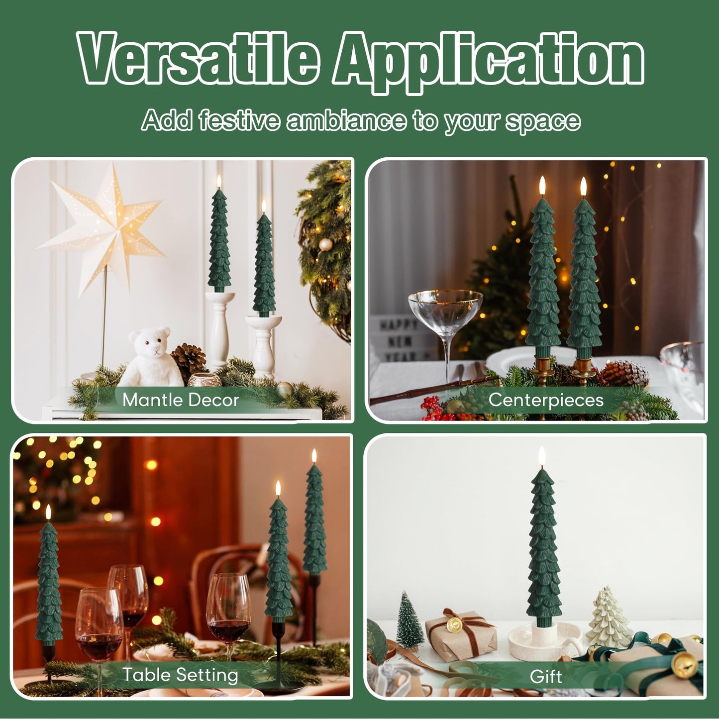 Eywamage Green Christmas Tree Taper Candles with Remote, Real Wax Flickering Flameless LED Candlesticks Set of 2
