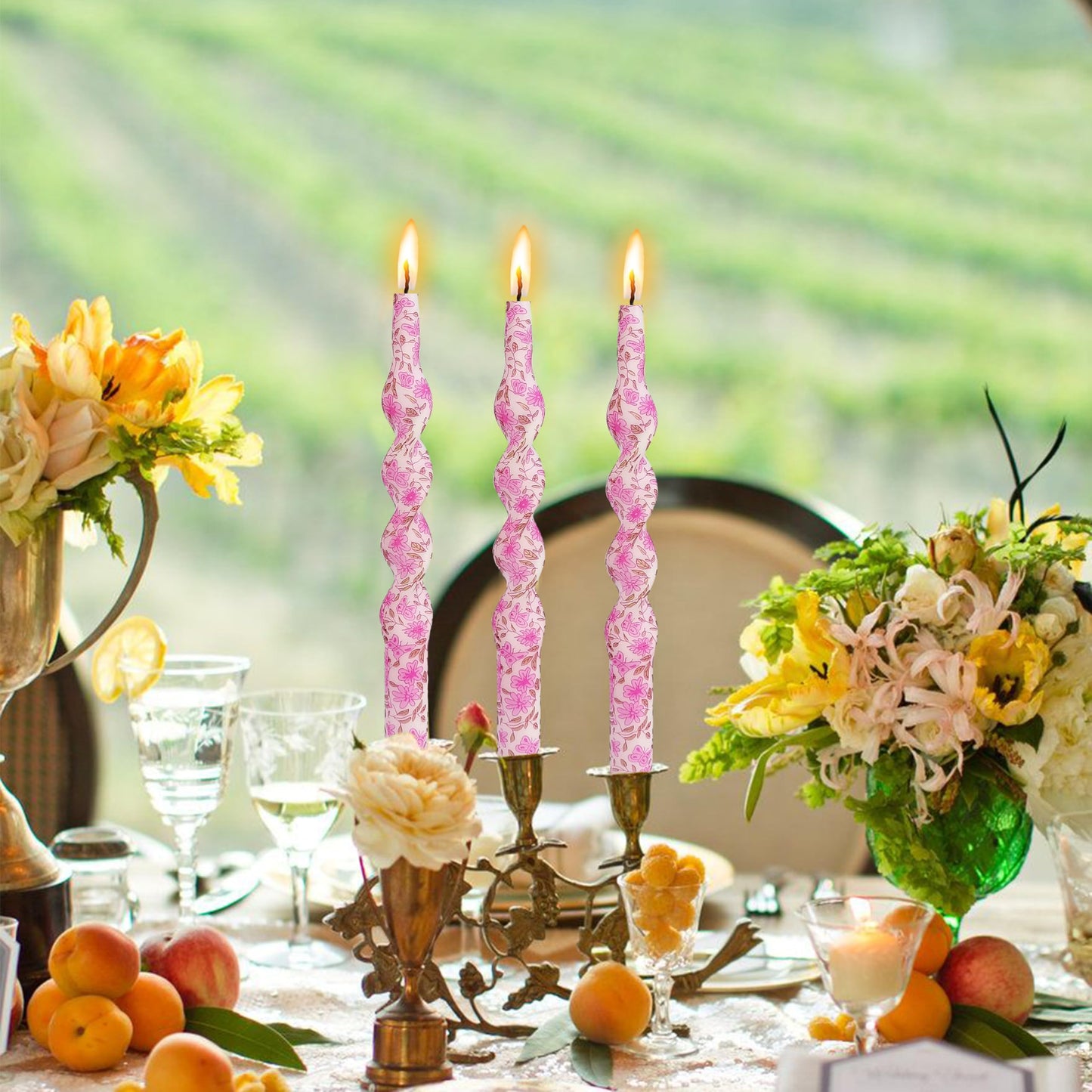 Candle Spiral Candles Pink Flowers Taper Candlesticks 10 in Pink Twisted 2 PCS Unscented Tapered Floral Candle for Home Wedding Dinner Holiday Party