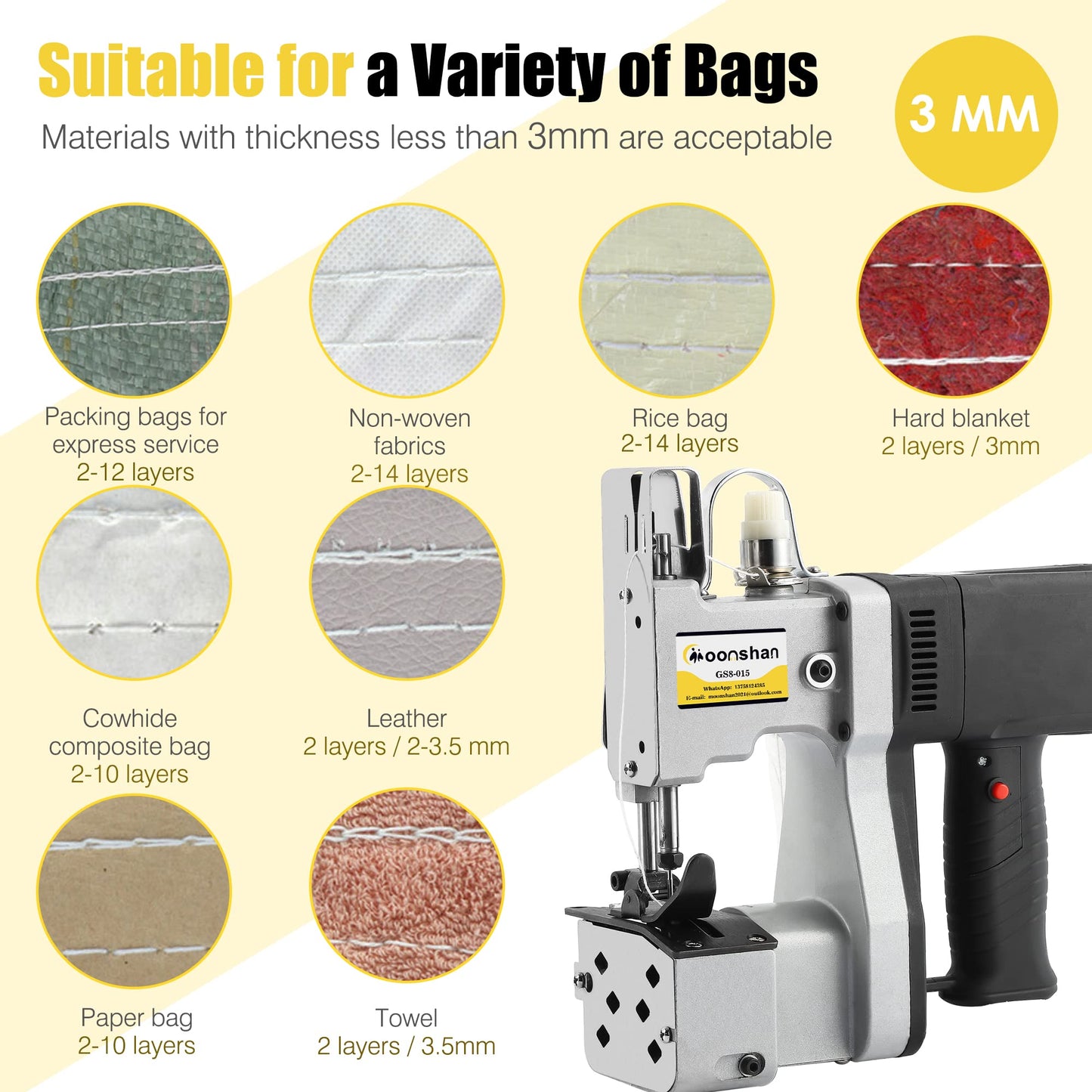 Moonshan Bag Sewing Machine 2s/bag Bag Closing Machine Portable Bag Closer 6.4Lbs Automatic Woven Bag Sewer Packing Machine for Packing Bags Non-woven Fabrics Leather