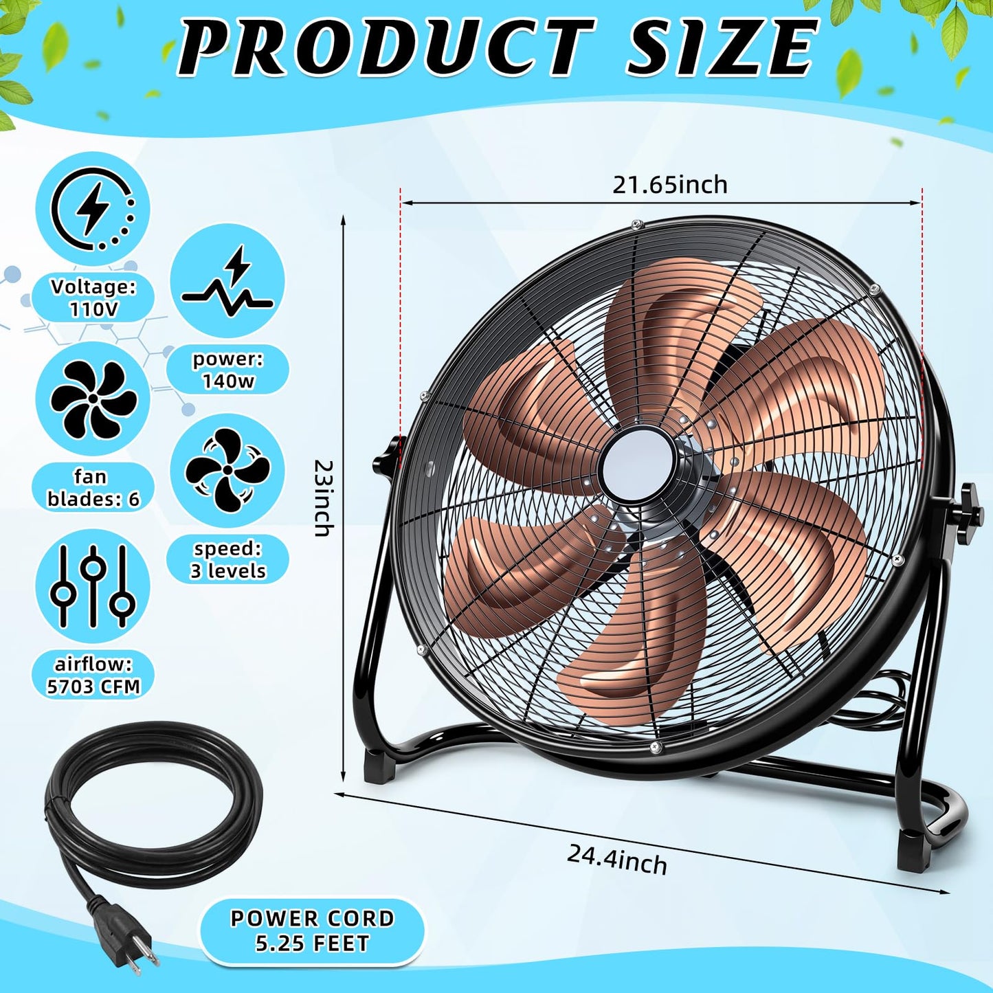 Woanger 20" High Velocity Industrial Floor Fan, 5703 CFM Heavy Duty Drum Fan with 6 Metal Blades, 3-Speed, 360 Degree Rotation, High Airflow Mover for Warehouse, Garage, Factory, Barn & Gym