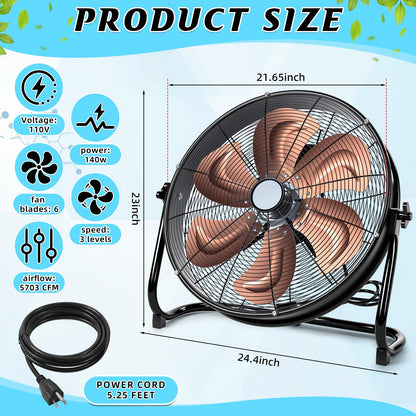 Woanger 20" High Velocity Industrial Floor Fan, 5703 CFM Heavy Duty Drum Fan with 6 Metal Blades, 3-Speed, 360 Degree Rotation, High Airflow Mover for Warehouse, Garage, Factory, Barn & Gym