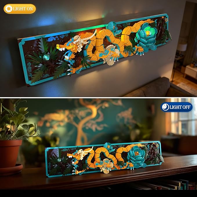 JMBricklayer Mythic Dragon Tiles Building Block Sets with LED Lights for Adults 70020 Wall Art Crafts Frame Building Sets Home &amp Office Decor Dragon Kits with Flowers Creative Gifts for Men Wo