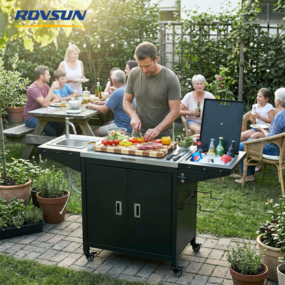 ROVSUN Outdoor Grill Cart with Sink, 304 Stainless Steel Sink with Chilly Bin Cooler, Rolling Kitchen Prep Island with Cabinet, Bottle Opener, Rubbish Rack, Patio, Gardens, Backyards