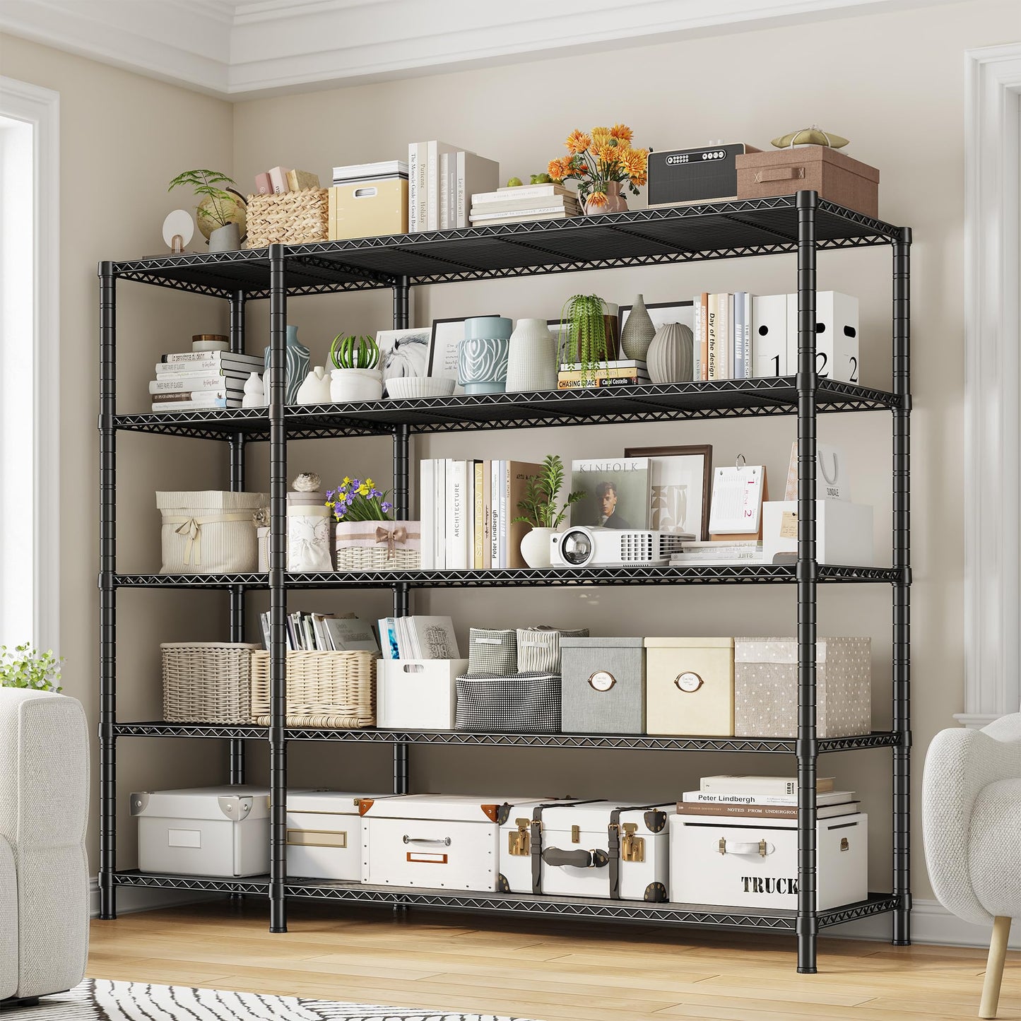 70.8"H Storage Shelves, 5-Tier Metal Shelving 1200 High-Load Heavy Duty Wire Shelving, Adjustable Metal Shelves-L Shaped Wire Shelving Units for Kitchen Garage Pantry Basement, 52.36"W x13.78"Dx70.8"H