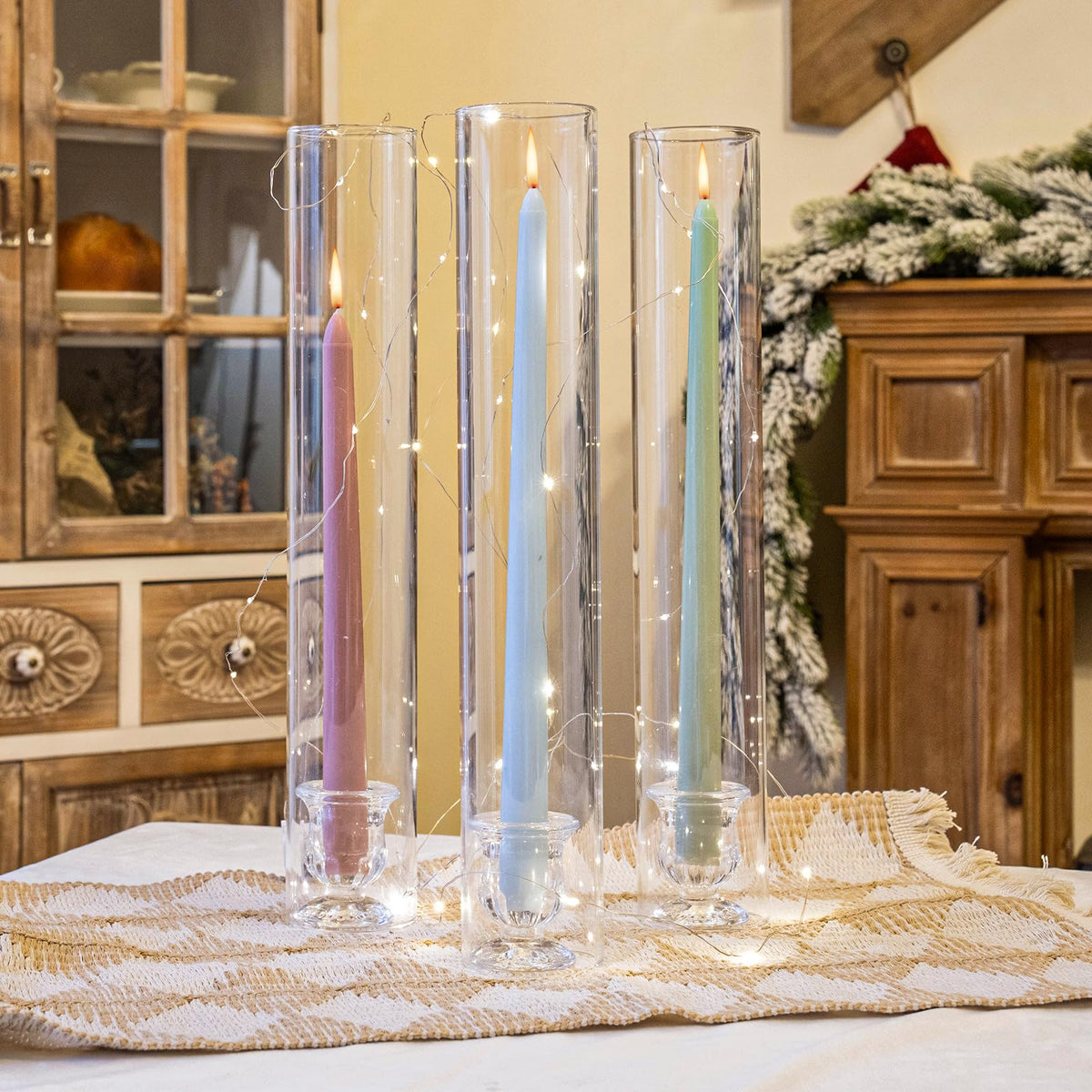 CHILL RECIPE Hurricane Glass Candle Holders-Set of 12 Tall Taper Candle Holder with 14” Tall Clear Cylinder Covers for Wedding Table Centerpiece Home Decor (Floral Base+Clear Chimney)