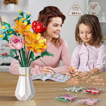 Flowers Bouquet Building Set 891 PCS Artificial Wildflower Botanical Collection Kit for Women Kids Girls Home Office Decor Gift for Mother's Day/Valentine's/Christmas
