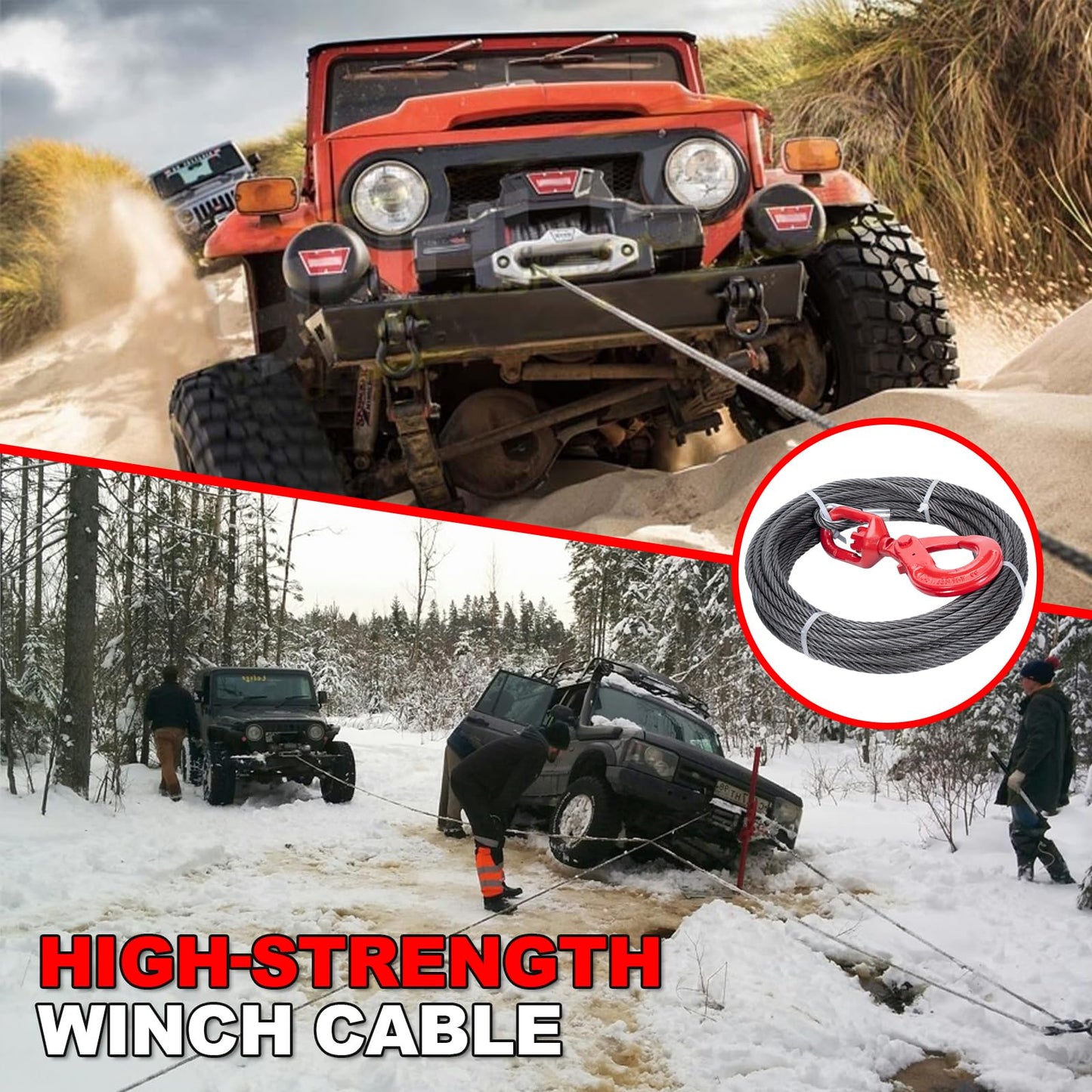 SajoSolid 3/8" x 75' Winch Cable with Safty Hook, 6 x 37 Strand Construction, Steel Winch Rope Heavy Duty 20,500 Lbs Breaking Strength, Tow Cable Suitable for Most Trailers and Heavy Lifting