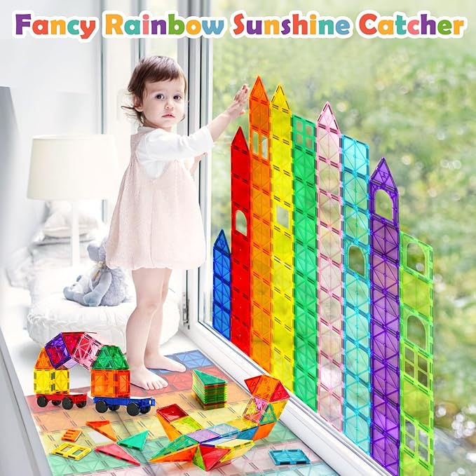 132 PCS Magnetic Tiles Building Blocks with 2 Cars STEM Educational Construction Montessori Toys for Kids Ages 3 4 5 6 7 8 9 Magnet Building Set Gift for Boys Girls