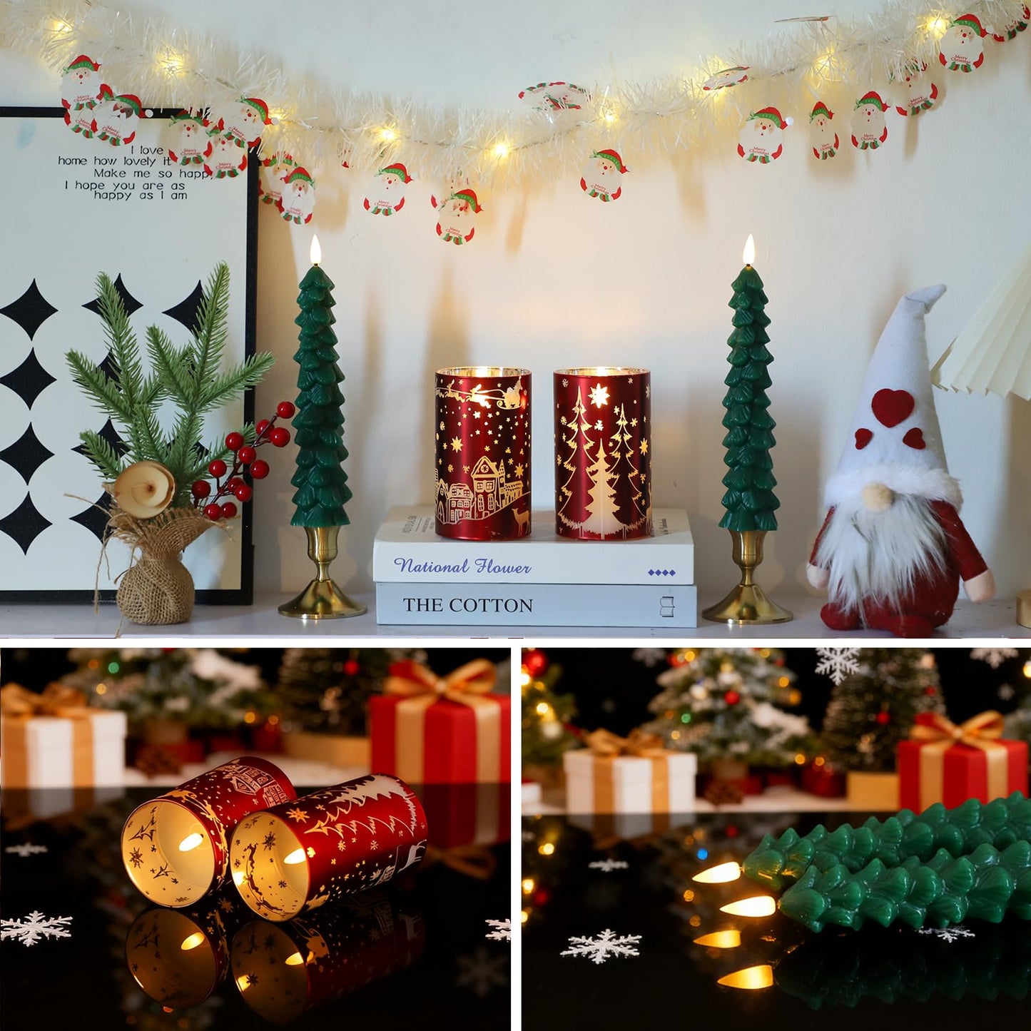 MUMCHASI Chritsmas Flameless Candles, Battery Operated Christmas Candles, Real Wax Glass Flickering LED Candles, Tree Candlestick for Home Christmas Decor, Remote Timer