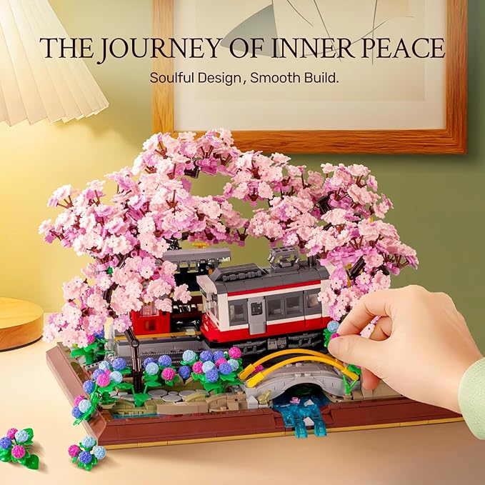 Wise Block Cherry Blossom Train Diorama Building Set – Japanese Artificial Bonsai Tree Building Toy Building Block Set for Home Office Botanical Decor Birthday Gifts for Adults 3150 Pcs