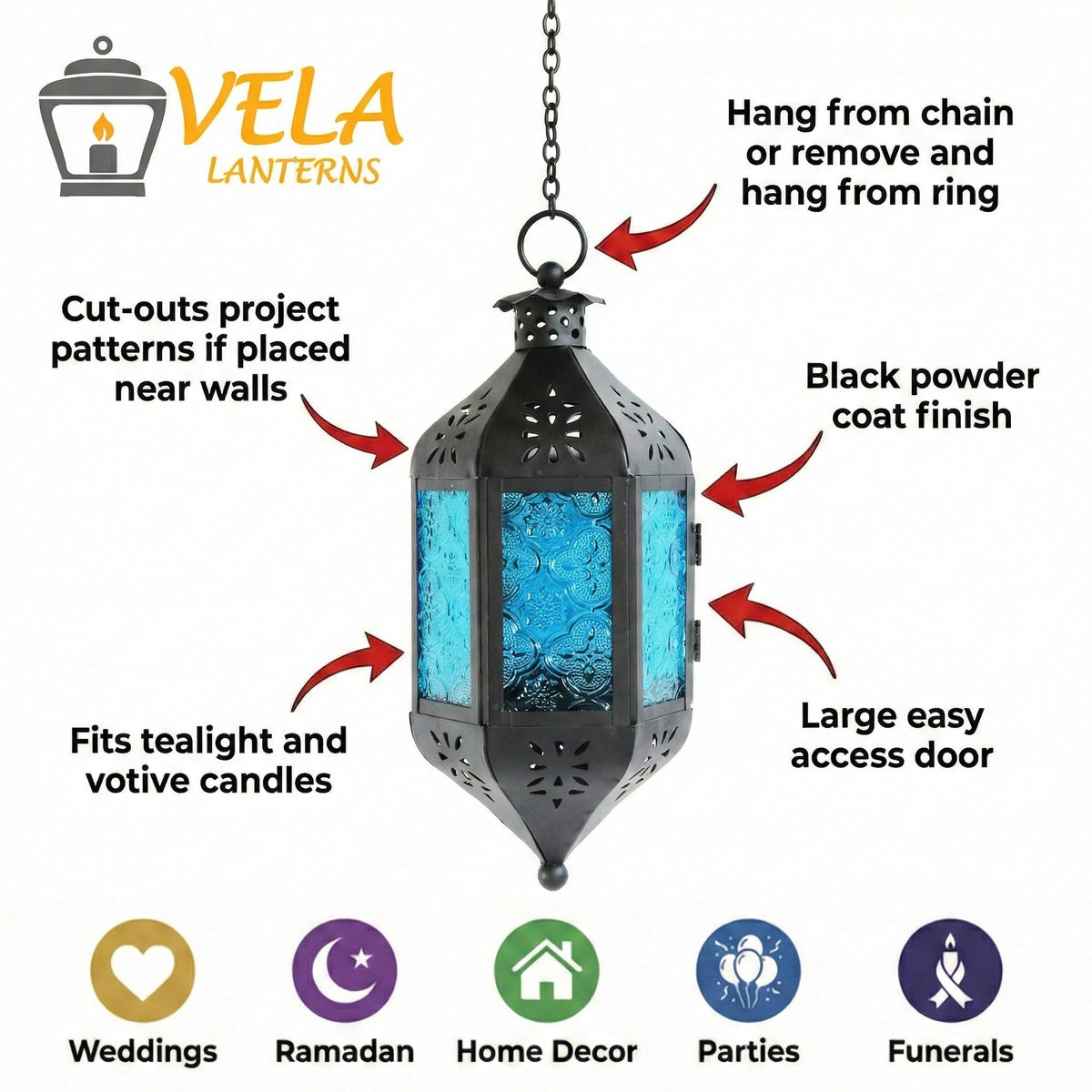 Vela Lanterns Hanging Moroccan Lamp - Exotic Decorative Patio & Porch Decor, Indoor Outdoor Tea Light Candle Lantern Holder with Chain (11" Medium, Blue Glass)