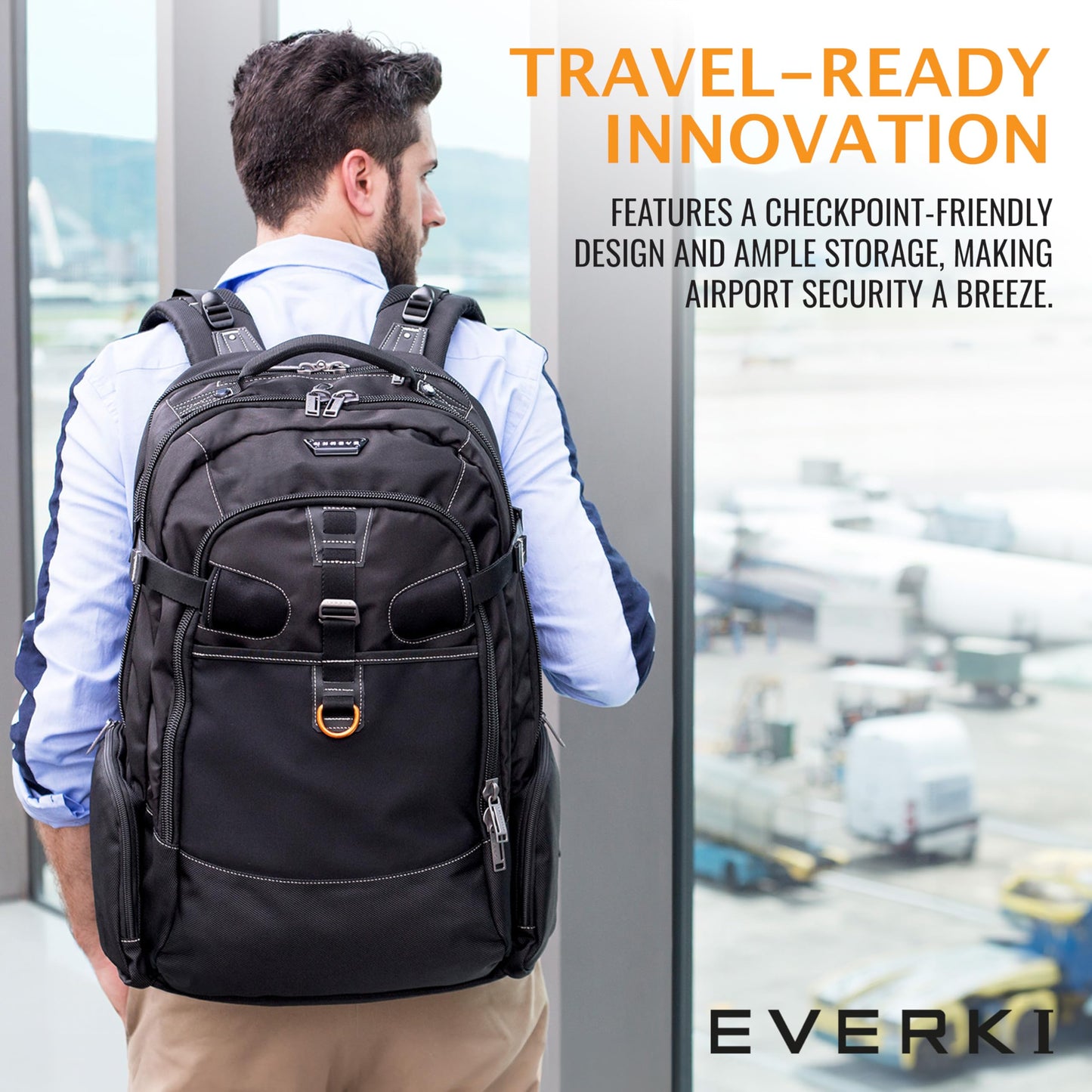 EVERKI Business 120 Laptop Backpack with Rain Cover, 40L Capacity, Large Compartment for Laptops Up to 18.4", 180° Fold-Out Design, Padded Pocket, Durable Design with Multiple Pockets – EKP120 - Black