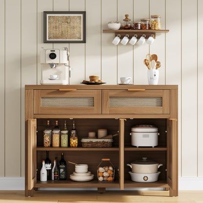 Garvee Rattan Buffet Cabinet, Boho Sideboard with 2 Drawers, Adjustable Shelf, High-Leg Storage Cabinet with Anti-Tip Hardware,for Kitchen,Dining Room,Entryway,Living Room, Light/Dark Oak