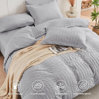 HYMOKEGE Queen Comforter Set - Light Grey Oversized 7-Piece Luxury Bedding Set | All-Season Comforter, Sheets & Pillowcases