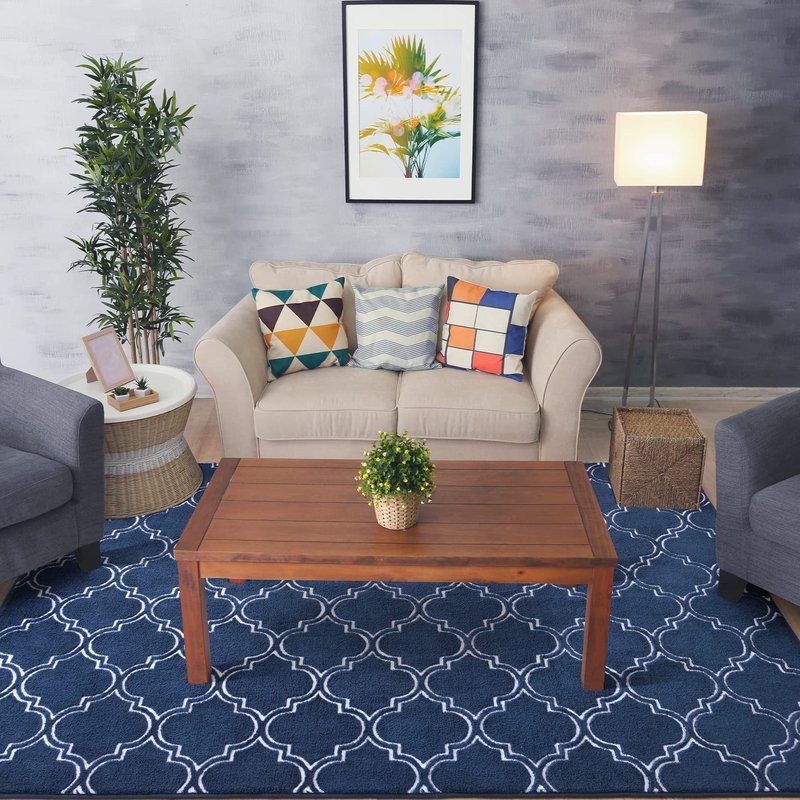 Chicrug Shag Geometric Modern Area Rug for Bedroom, 5x7 Feet Memory Foam Indoor Carpet, Fluffy Rug for Living Room Bedside Room Decor for Family Girls Kids Nursery Play Mat, Navy/White