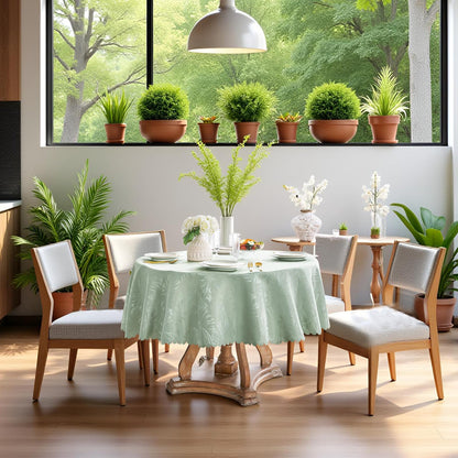 EFFICINATURE Round Tablecloth 70 Inch Green Tablecloth Leaves Pattern Scalloped Edge Silky Table cloth Waterproof Wrinkle Resistant Washable Table Cover for Kitchen Dining Outdoor Birthday Party Patio