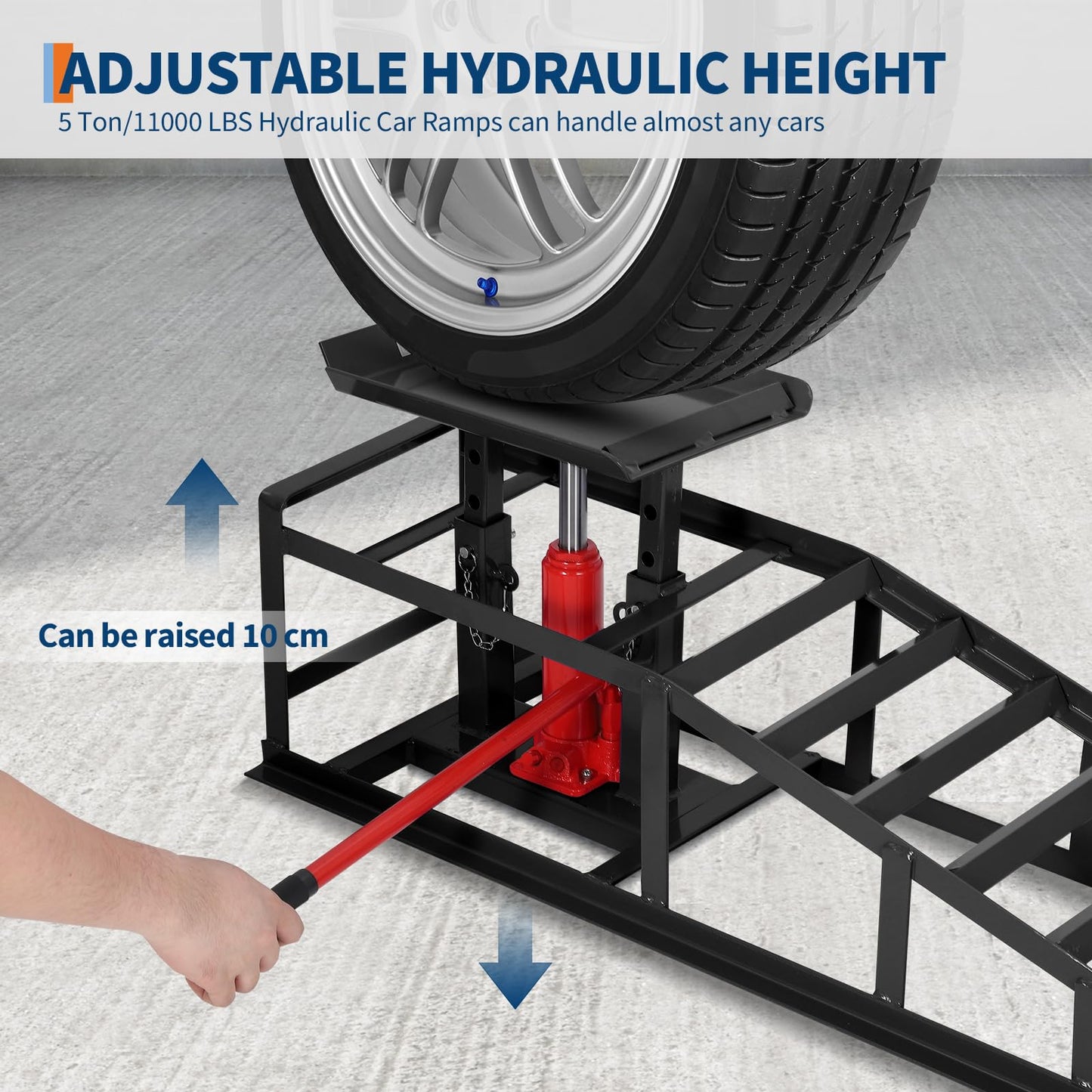 2 Pcs Hydraulic Car Ramps, 5 Ton (11,065 LBS) Heavy Duty Steel Car Lift Ramps with Hydraulic Jack for Oil Changes & Truck Repair, 9.4"-13.34" High Lift, Home Garage Vehicle Ramps